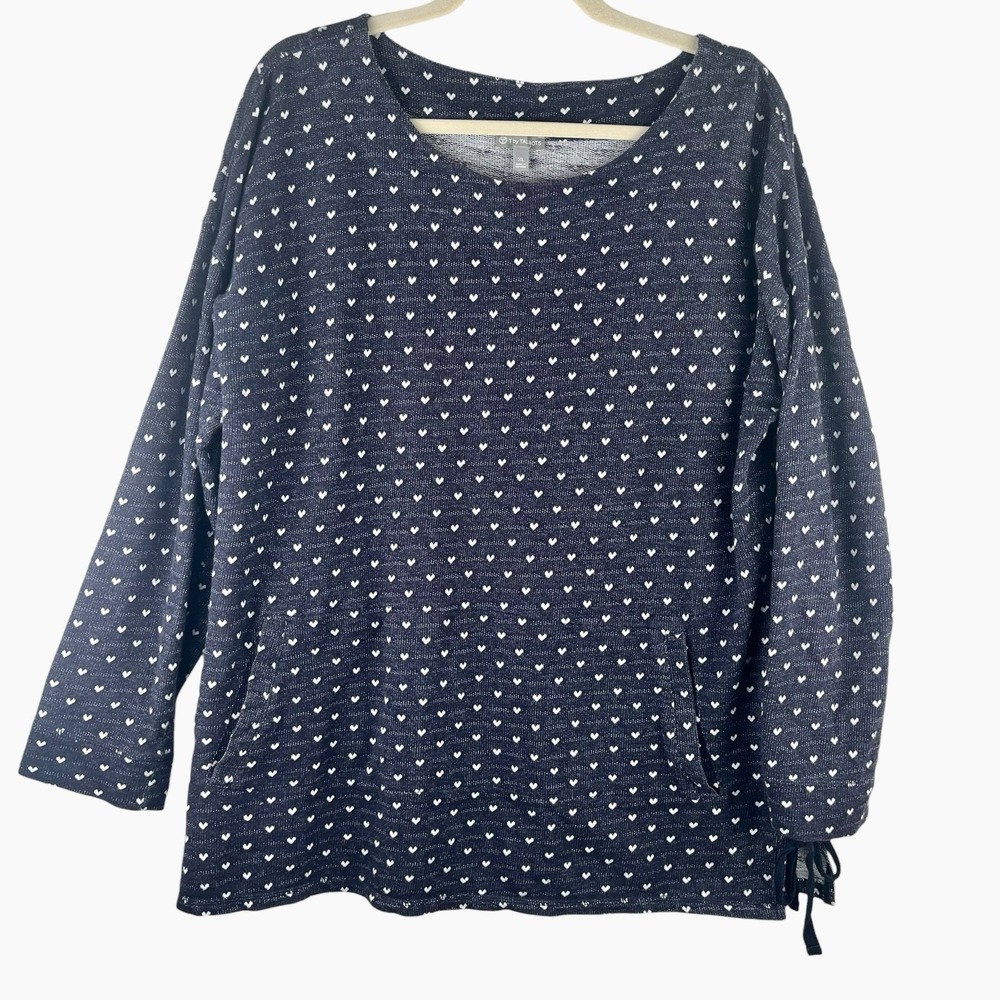 T By Talbots Womens Sweatshirt XL Blue Hearts All Over Print Lace Up Sides Terry